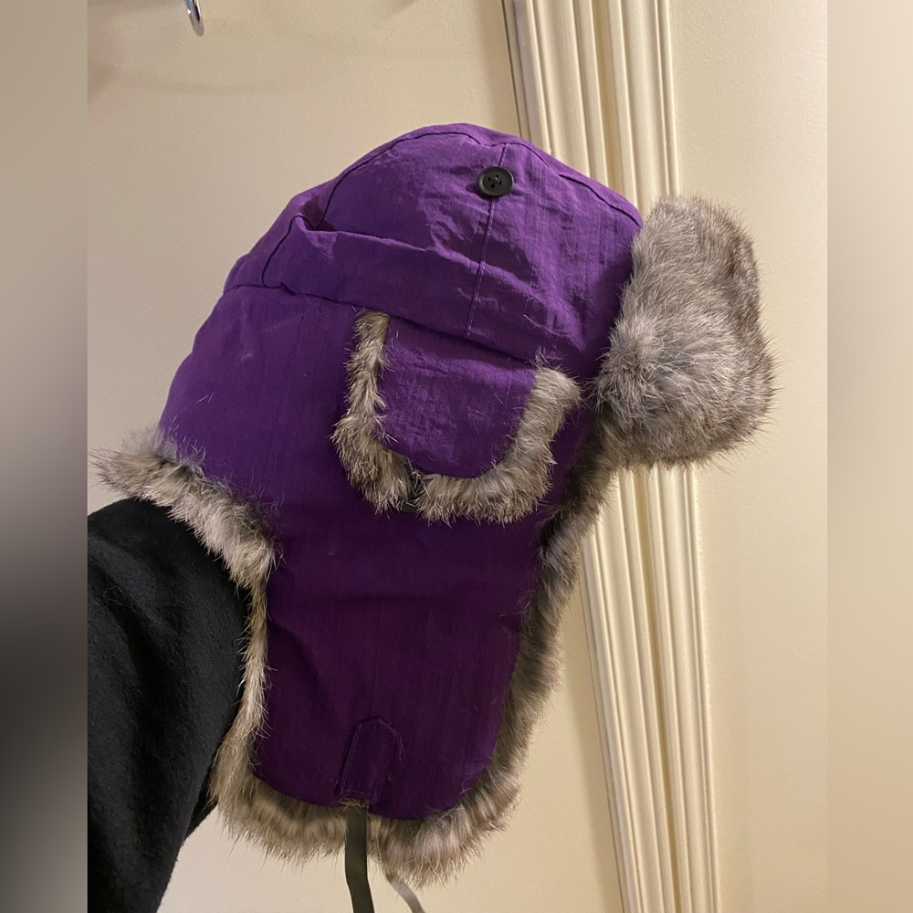 Purple aviator/trapper hat, rabbit fur.